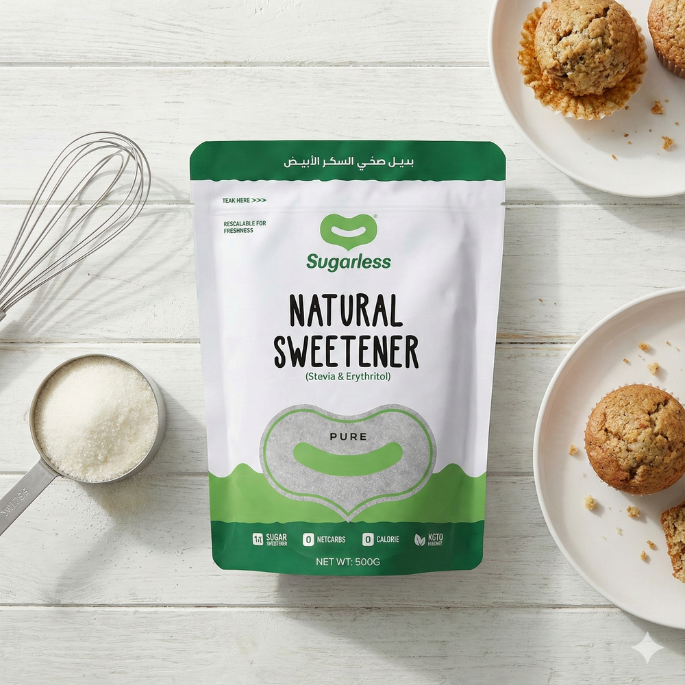 كيس محلي طبيعي شوقرلس 500 غرام بجانب حلويات صحية ومكونات طبيعية