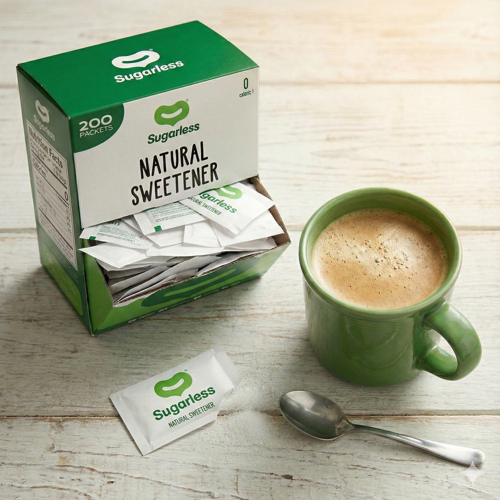 علبة محلي شوقرلس تحتوي على 200 ظرف بجانب فنجان قهوة - بديل سكر طبيعي للرياضيين والسكري