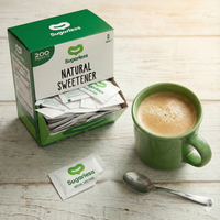 علبة محلي شوقرلس تحتوي على 200 ظرف بجانب فنجان قهوة - بديل سكر طبيعي للرياضيين والسكري